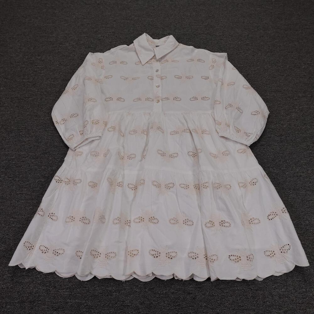 Anthropologie Dress Womens XS White Bettina Tiered Mini Shirt Bee Embroidered